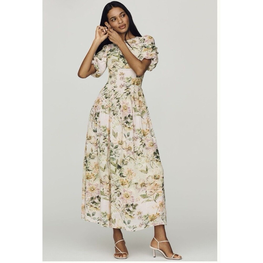 Anthropologie Repeat Fifi Puff Short Sleeve Maxi Floral Dress Lined Size S NWT